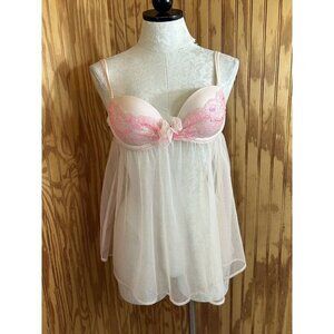 Victoria Secret Very Sexy Babydoll Top Lingerie 34 C Nude & Pink Bra Sheer